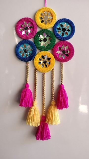 Bangle Wall Hanging Diy, Wall Hanging With Bangles, Best Out Of Waste Wall Hanging, Toran Designs Doors Handmade, Diy Toran, Diy Wall Hanging Crafts, Origami Butterfly Easy, Wall Hanging Design, Wool Crafts Diy