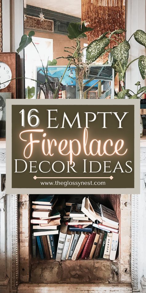 empty fireplace with stacked books Decor In Fireplace, Shelves In Fireplace, How To Decorate The Inside Of Fireplace, Old Fireplace Mantle Ideas, Plant In Fireplace, Decorating Unused Fireplace Ideas, Decorating A Faux Fireplace, How To Decorate A Faux Fireplace, How To Decorate A Fake Fireplace