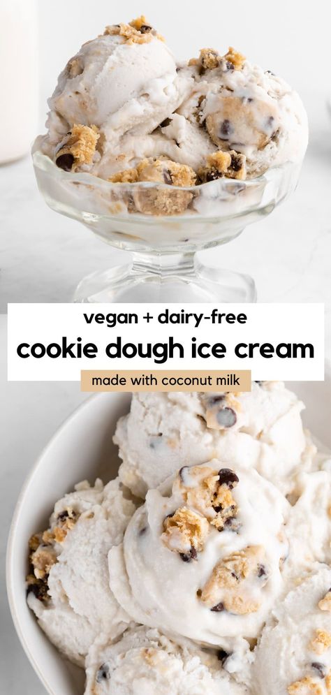 The BEST vegan cookie dough ice cream recipe! This dairy-free vanilla ice cream is loaded with edible chocolate chip cookie dough chunks. It's rich, creamy, eggless, and gluten-free friendly. It's easy to make with an ice cream maker, or you can follow the no churn instructions to make it with a blender. This coconut milk ice cream is the perfect frozen dessert for summer! #cookiedoughicecream #veganicecream #vegancookiedough #ediblecookiedough #rawcookiedough #coconutmilk #coconutmilkicecream Homemade Vegan Ice Cream Recipes, Vegan Dough Recipe, Cookie Dough Nicecream, Dairy Free Ice Cream Recipe, Vegan Cookie Dough Ice Cream, Cookie Dough Ice Cream Recipe, Dairy Free Vanilla Ice Cream, Summer Baking Recipes, Best Vegan Cookies