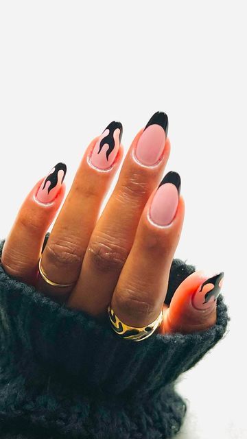 Flame Nails Almond Shape, How To Flame Nails, First Date Nails, Clear Nails With Black Designs, Black Flame Nail Art, Fire Nail Art Design, Lightening Bolt Nail Design, Flame French Tip Nails, Flame Tip Nails