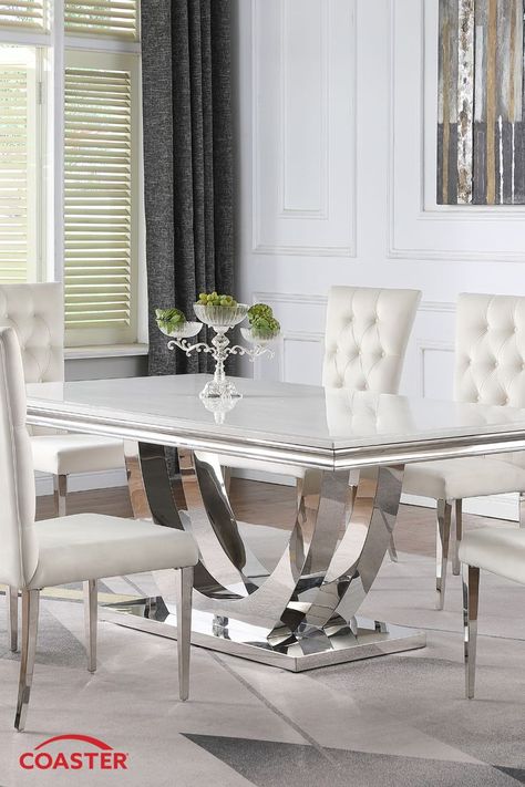 Coaster Fine Furniture has dining sets for every style home! Our Kerwin Collection features a gorgeous faux marble table top above a chrome finished base for an upscale look. Velvet dining chairs add a sophisticated flair to the space. Use the store locator to find where Coaster products are sold near you. Glam Dining Table, Unique Dining Room Table, Dining Room Glam, Stone Top Dining Table, Chrome Dining Table, Dining Room Design Luxury, Glam Dining, Unique Dining Room, Dining Table White