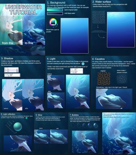 Water Lighting Reference, Underwater Tutorial Digital Art, Under Water Drawing Tutorial, Underwater Art Tutorial, How To Draw Underwater Digital, Underwater Digital Art Tutorial, Swimming Underwater Reference, Ocean Digital Art Tutorial, How To Render Water Digital Art