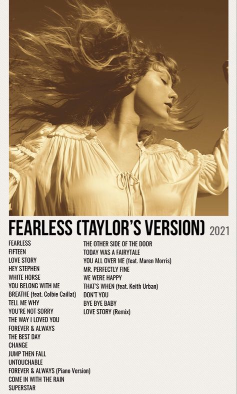minimal poster of the album fearless (taylor’s version) by taylor swift Taylor Swift Fearless Album, Fearless Album, Taylor Swift Album Cover, Minimalist Music, Colbie Caillat, Taylor Songs, Music Poster Ideas, Taylor Swift Fearless, Music Poster Design