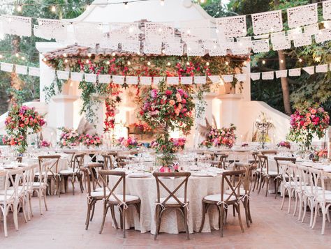 La Tavola Fine Linen Rental: Morse Code Pearl with Hemstitch White Napkins | Photography: McCune Photography, Event Planning: High Society Wedding & Event Planning, Floral Design: Inviting Occasion, Tabletop Rentals: Casa de Perrin, Vintage Rentals: Found Vintage Rentals,  Venue: Rancho Las Lomas Floral Overhang Wedding, Mexican Wedding Decor Ideas, White Mexican Theme Wedding, Ranch Wedding Centerpieces, Mexican Wedding Venues, Hacienda Style Wedding Decorations, Mexican Themed Weddings Reception, Mexican Boho Wedding, Mexican Hacienda Wedding