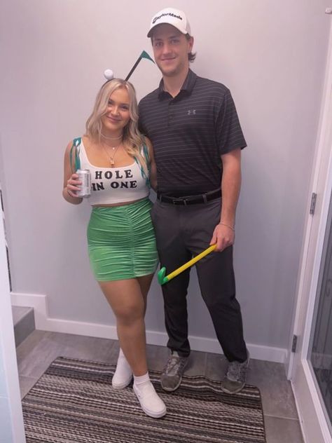 Cute Unique Halloween Costumes For Couples, Tequila And Lime Couples Costume, Golfer Couple Costume, Cute Costumes For Couples Halloween, Appropriate Halloween Costumes Couples, Tequila And Lime Costume Couple, Couples Golf Costume, Hole In One Costume, Modest Couple Costumes