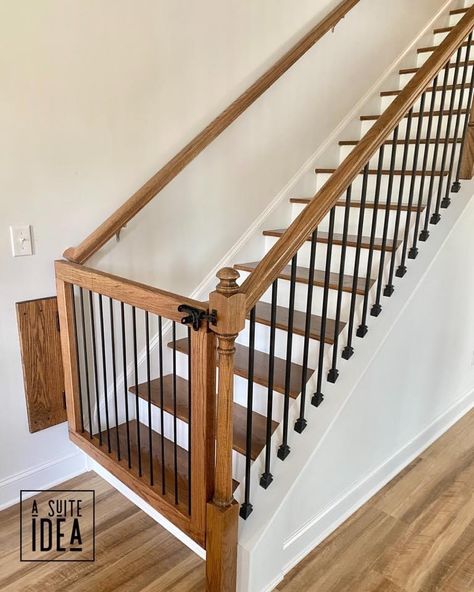 We are in LOVE with how this custom oak baby gate turned out! . And how about that stain match to their existing railing? 😍 They were told the wrong stain color by their builder and thankfully we had a variety in hand and were able to color match it perfectly through a series of pictures and swatching. . These additions at the top and bottom of their stairs look like they’ve always been there and will keep a toddlers from tumbling until they master the stairs. Message us for your free quote fo Gate For Bottom Of Stairs, Wood Gate For Stairs, Built In Gate For Stairs, Diy Stairs Gate, Custom Gate For Stairs, Stair Gates Ideas, Dog Gates Indoor Stairs, Custom Dog Gates For Stairs, Gate At Bottom Of Stairs