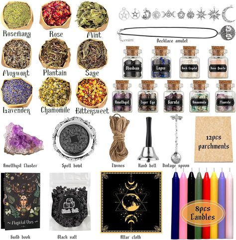 Amazon.com: Witchcraft Supplies Kit for Spells, 56 PCS Witch Box Include Dried Herb Crystal Candles Amethyst Cluster Parchment, Wiccan Supplies and Tools, Beginner Witchcraft Kit Witch Stuff for Pagan Rituals : Health & Household Cheap Witchcraft Supplies, Witchcraft Kit, Wiccan Supplies, Beginner Witchcraft, Witchcraft Tips, Witchcraft Tools, Witch Kit, Magic Ritual, Witch Spells
