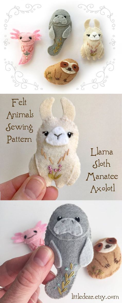 embroidery and Stitch up these adorable mini felt plushies with this easy sewing pattern from little Amigurumi Embroidery, Felt Animal Patterns, Animal Sewing Patterns, Plush Pattern, Easy Sewing Patterns, Felt Toys, Felt Ornaments, Stuffed Animal Patterns, Felt Animals