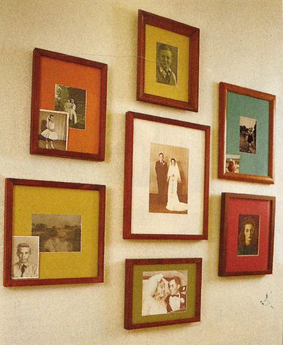 Colorful Picture Frame Gallery Wall, Collage Wedding Photos, Wall Photo Display Ideas, Vintage Family Photo Gallery Wall, Colourful Photo Frames, Display Vintage Photos, What To Do With Old Family Photos, Framing Family Photos, Wedding Picture Frames On The Wall