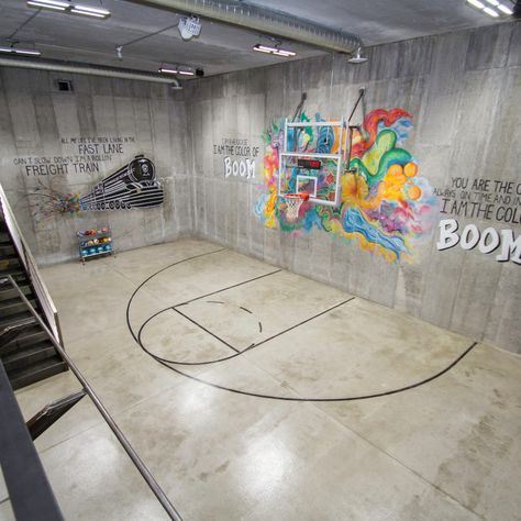 Creative Basketball Court, Underground Basketball Court, Indoor Basketball Court School, Shop Basketball Court, Small Indoor Basketball Court, Sports Court Indoor, Indoor Basketball Court Design, Indoor Basketball Court Garage, Basketball Court House