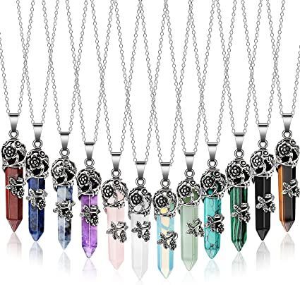 12 Pcs Healing Crystal Necklace Hexagonal Healing Crystal Flower Wrapped Crystal Point Pendant Necklace Healing Pendents Natural Quartz Point Necklace with Chain for Women Wrapped Crystal Point, Quartz Point Necklace, Aa Jewelry, Crystal Point Necklace, Wrapped Crystal, Crystal Heart Pendant, Chain For Women, How To Wrap Flowers, Magical Jewelry