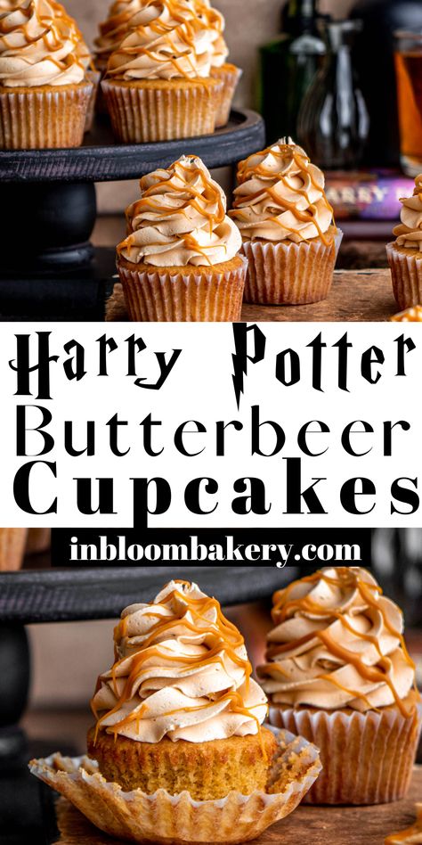 Get ready to take a trip to Hogsmeade! These butterbeer cupcakes will take you right into the wizarding world of Harry Potter. They’re soft and fluffy cupcakes flavored with a butterbeer reduction, butterscotch, vanilla and butter flavor, frosted with butterscotch buttercream and drizzled with butterscotch ganache. Butterbeer Cupcakes, Harry Potter Butterbeer, Harry Potter Desserts, In Bloom Bakery, Bloom Bakery, Tea Desserts, Harry Potter Cupcakes, Harry Potter Butter Beer, Fluffy Cupcakes