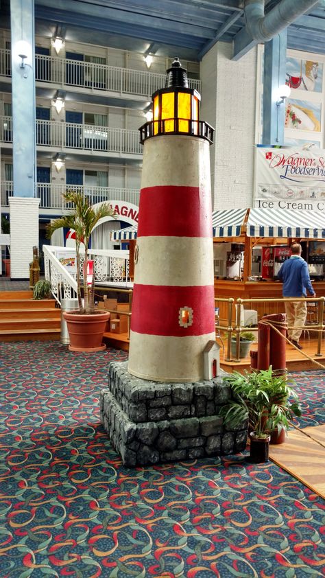 Nautical Lighthouse Prop for beach theme party Lighthouse Theme Party, Beach Stage Design, Island Theme Party Decorations, Vbs Lighthouse, Cardboard Lighthouse, Beach Theme Vbs, Breaker Rock Beach Vbs 2024, Beach Props, Church Stage Decor