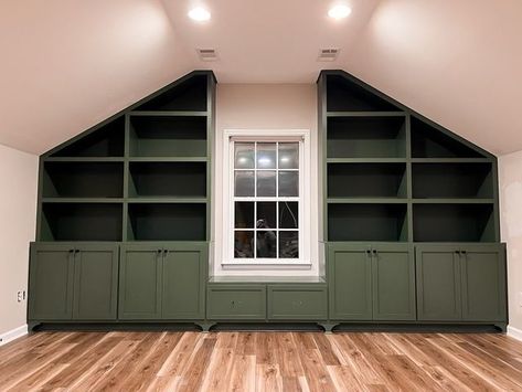 Built In Shelving Bonus Room, Built Ins Bonus Room, Built In Bonus Room, Bookshelves Attic Built Ins, Bonus Room Toy Storage, Closet In Bonus Room Above Garage, Built In Shelves Living Room Slanted Ceiling, Built In On Angled Wall, Attic Built In Shelves