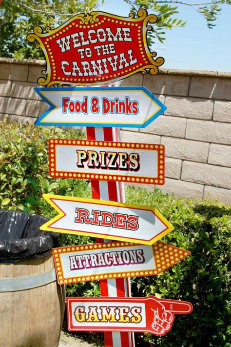 Circus + Carnival Extravaganza Birthday Party - Kara's Party Ideas - The Place for All Things Party Circus Signage, Entrance Idea, Circus Signs, Carnival Signs, Direction Signs, 4de Verjaardag, Fest Ideas, Fair Theme, Circus Carnival Party