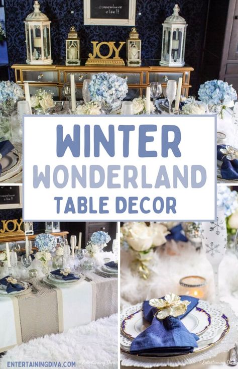 Blue Gold Theme Party, Blue And White Winter Tablescapes, Blue And White Christmas Party Theme, Blue And White Christmas Tablescapes, Winter Table Settings Ideas, Winter Baby Shower Centerpieces, Winter Bridal Shower Themes, Winter Wonderland Decor, Winter Wonderland Centerpieces