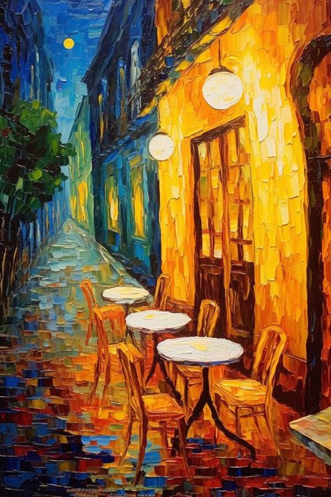 Spain Painting, Famous Art Paintings, Van Gogh Pinturas, Terrace At Night, Van Gogh Arte, Famous Art Pieces, Famous Artists Paintings, Van Gogh Inspired, Vincent Van Gogh Art