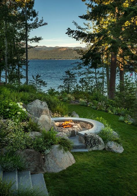 Charming hybrid log home with breathtaking views of Lake Tahoe Landscape Designs, Lakefront Landscaping, Lake Landscaping, Life In Paradise, Haus Am See, Lake Living, Lake Cabins, Outdoor Fire, Outdoor Fire Pit