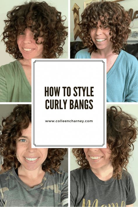 Updos For Curly Hair With Bangs, Curly Bangs Small Forehead, How To Grow Out Curly Bangs, Styling Curly Hair With Bangs, How To Curly Bangs, Growing Out Curly Bangs, How To Do Bangs With Curly Hair, Curly With Bangs Hairstyles, How To Style Curly Bangs Hairstyles