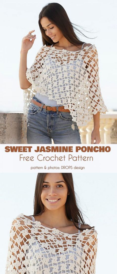Jasmine Crochet, Sweet Jasmine, Knit Bolero, Lace Poncho, Crochet Poncho Free Pattern, Crochet Poncho Patterns, Crochet Shawls And Wraps, Poncho Pattern, Crochet Wrap