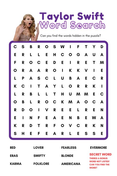 Taylor Swift Word Search, Taylor Swift Quiz, Taylor Swift Games, Taylor Swift Jokes, Taylor Swift Cake, Taylor Swift Birthday Party Ideas, Printable Decorations, Taylor Swift Fan Club, Taylor Swift Party