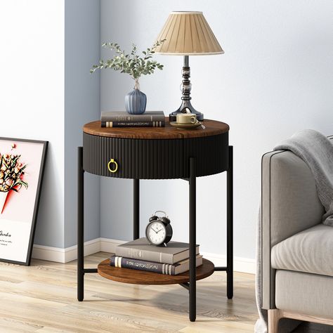 Myhozm Modern End Table with Storage Drawer, Round Nightstand with Metal Legs for Living Room, Bedroom, Office - On Sale - Bed Bath & Beyond - 39507122 Side Table Bedroom Decor Ideas, Dark Academia End Table, Large Round Side Table Living Room, Round Accent Table Living Room, Circular Side Table With Drawer, Antique End Tables Living Rooms, Square End Table Decor, Dark Academia Side Table, Mid Century Modern End Tables