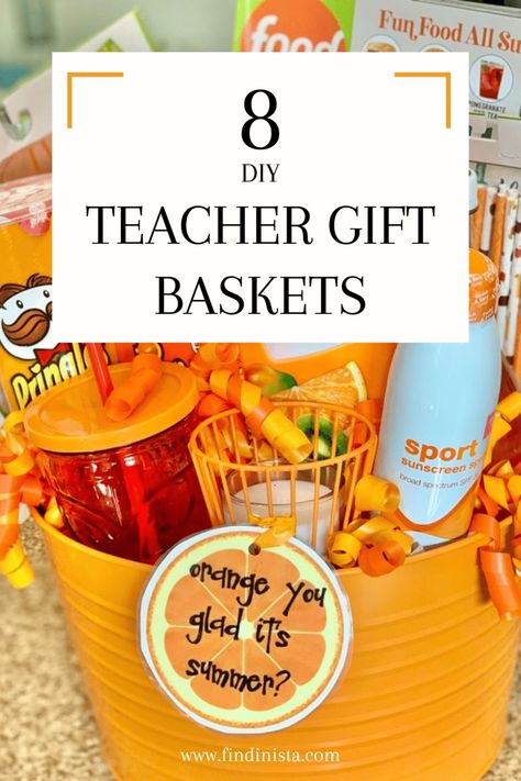 Want a creative, DIY gift for your child's teacher at the end of the year? These fun teacher summer gift basket ideas will help you come up with a wonderful gift that your child's teacher will love! Teacher Summer Gift Basket, Summer Gift Basket Ideas, Teacher Summer Gift, Summer Gift Basket, Teacher Appreciation Gift Baskets, Year End Teacher Gifts, End Of The Year Celebration, Summer Gift Baskets, Unique Teacher Appreciation Gifts