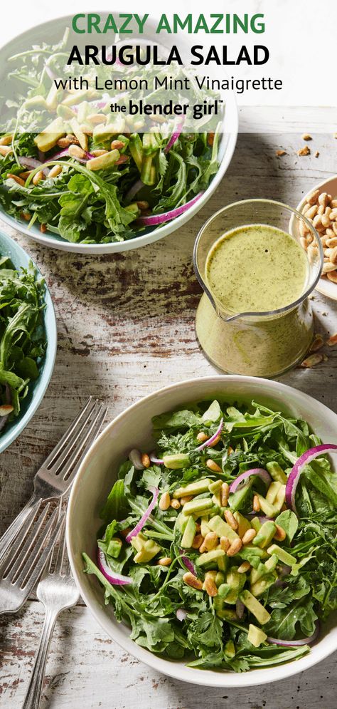 Arugula Salad with Lemon Mint Vinaigrette - The Blender Girl Fresco, Arugula Salad Dressing, Cashew Dressing, Spicy Cashews, Arugula Salad Recipes, Salad With Lemon, Large Salad, Vegan Salads, Mint Salad