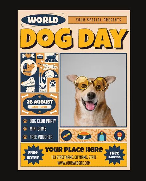 Dog Day Flyer Template AI, EPS Dog Advertising Design, Poster Dog Design, Dog Festival Poster, Dog Posters Aesthetic, Dog Event Poster, Fundraiser Poster Ideas, Pet Poster Design, Dog Poster Design, Dog Event