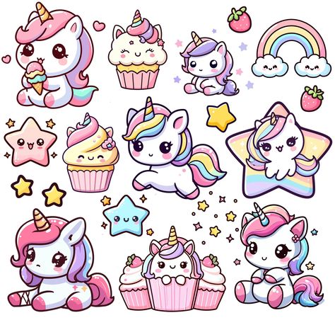 Cute Stickers For Kids, Unicorn Stickers Printable Free, Unicorns Drawing, Cute Unicorn Drawing, Doodles Simple, Doodles Kawaii, Kawaii Narwhal, Griffonnages Kawaii, Stickers Unicorn