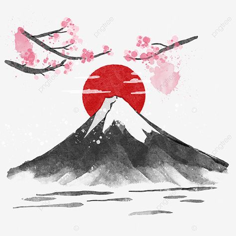 Easy Japanese Painting Ideas, Japanese Landscape Illustration, Japanese Ink Drawing, Japanese Art Easy, Japan Drawing Easy, Japanese Mountain Art, Japanese Art Drawing, Gunung Fuji, Japan Drawing