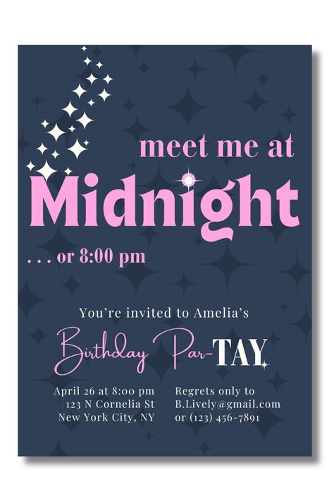 Meet me at midnight (or, let's be honest: closer to 7pm) for a Taylor Swift-themed birthday party! Perfect for all Swifties, this Taylor Swift birthday invitation will set the tone for an enchanted evening celebrating Tay-Tay’s eras. Best believe your guests will be bejeweled in their finest Eras Tour-inspired costumes. Who knows — they may even make the whole place shimmer under a mirrorball. Are you ready for it? Taylor Swift Bday Party Invitation, Taylor Swift Birthday Party Theme, Taylor Swift Birthday Party Invitations, Taylor Swift Theme Birthday, Taylor Swift Party Invitations, Taylor Swift Board, Taylor Swift Themed Birthday Party, Taylor Swift Birthday Invitations, Prom Poster