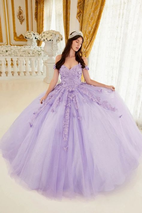 Quinceanera Gowns | Flora's Bridal Butterfly Ball Gown, Purple Quinceanera Dresses, Off Shoulder Ball Gown, Quinceanera Ideas, Debutante Ball, Tulle Balls, Ball Gowns Princess, Cinderella Divine, Quince Dress