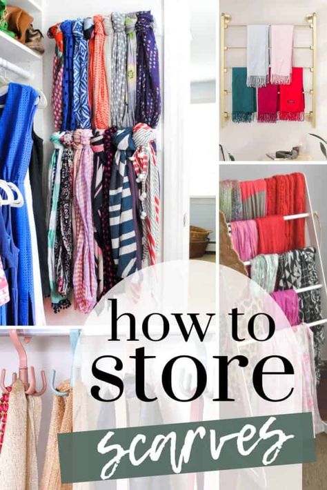 Maximize your wardrobe space with these clever ideas. From scarf hangers to DIY organizers, find the perfect solutions to keep your scarves tidy and accessible. Explore now and add a touch of organization to your closet! Diy Scarf Hanger, Folding Scarves, Walk In Robe Ideas, Scarf Hangers, How To Fold Scarf, How To Store Scarves, Diy Organizers, Scarf Rack, Bulky Scarf