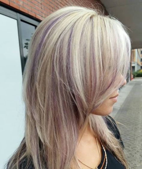 Balayage, White Hair With Colored Highlights, Blonde And Violet Hair, Peek A Boo Highlights Blonde, Blonde And Purple Hair Short, Purple Streaks In Blonde Hair, Purple Lowlights In Blonde Hair, Dyed Hair Blonde, Blonde Hair With Purple Highlights