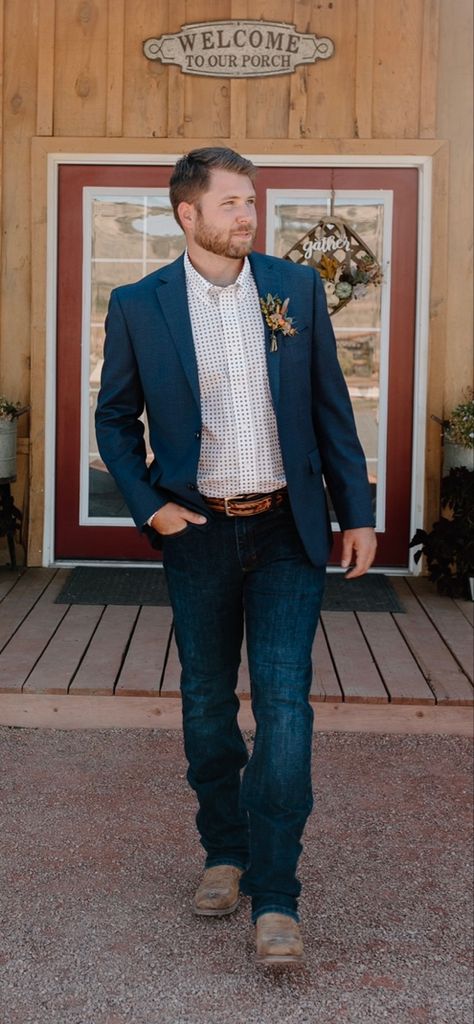 Navy Sports Coat Outfit Men Wedding, Navy Sports Coat Outfit Men Jeans, Blue Sports Coat Outfit Men With Jeans, Jeans And Sports Coat Mens, Mens Casual Wedding Attire Guest Jeans, Men Jean Wedding Attire, Mens Semi Casual Wedding Attire, Country Wedding Male Outfit, Mens Sport Coat With Jeans And Boots