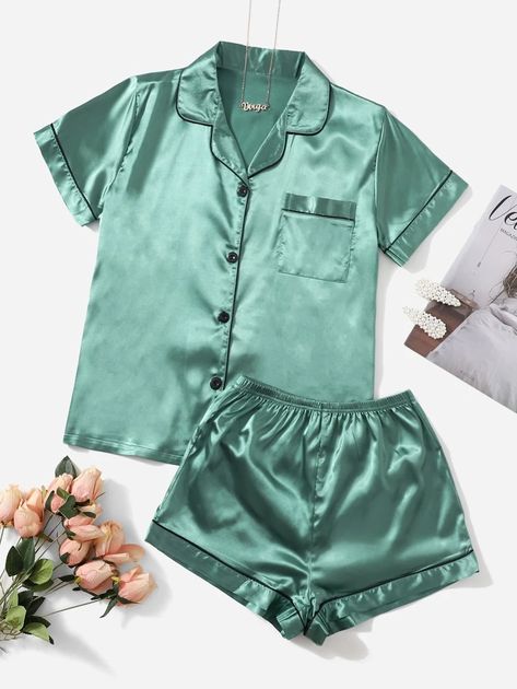 Contrast Binding Satin PJ Set | SHEIN USA Satin Short Sleeve, Pyjama Satin, Satin Pj Set, Short Sleeve Pajama Set, Satin Short, Satin Pyjama Set, Matching Pajamas, Womens Pyjama Sets, Satin Pajamas