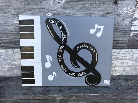 God is within her, she will not fail -Psalm 46:5 || musical notes piano keys and treble clef in black white & grey || bible verse canvas painting || Canvases for Christ BMK Music Painting Canvas, Ideas Painting Canvas, Canvases Painting, Bedroom Art Painting, Canvas Painting Quotes, Music Canvas, Notes Craft, Canvas Art Quotes, Quotes Bible
