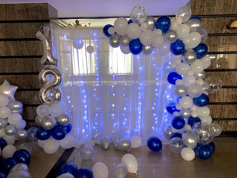 Blue Ballons Decoration Birthday Room, 18th Blue Theme, Birthday Photowall Ideas, Mens 21st Birthday Ideas Decorations, Blue 18th Birthday Party Ideas, Royal Blue Balloons Decoration, Blue Balloon Decorations Birthday, 18th Birthday Party Ideas Blue, 18th Birthday Blue Theme