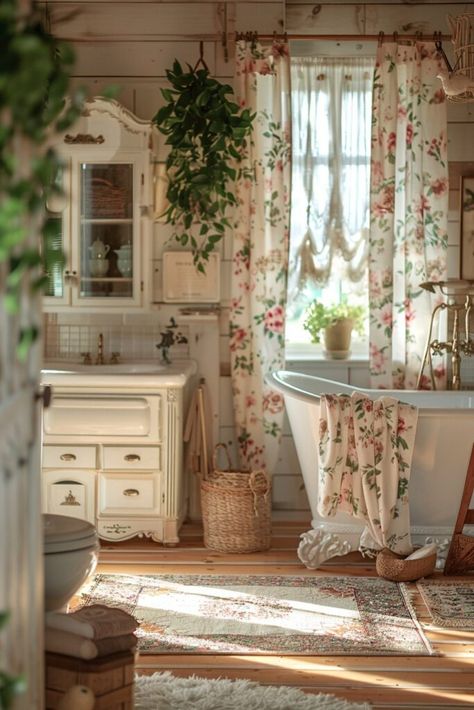 29 Boho Bathroom Ideas for a Chic and Relaxing Space 26 Bathroom Decor Floral, Cottage House Bathroom, Grandma Core Bathroom, Cottagecore Bathroom Decor, Cottage Core Bathroom Aesthetic, Vintage Bathroom Aesthetic, Curtain Bathroom Ideas, English Cottage Bathroom, Cozy Bathrooms