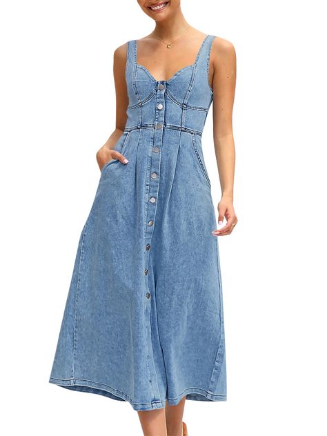 PRICES MAY VARY. Title: Fisoew Women’s Summer Denim Long Dress Button Down Sleeveless A Line Tank Jean Maxi Dress with Pockets. Product Type: Departments > Women > Clothing > Dresses > Casual Button Up Sun Dress, Maxi Dress Patterns Free, Jean Maxi Dress, Denim Dress Fashion, Denim Long Dress, Clothes Details, Denim Dress Outfit, Maxi Dress With Pockets, Dress Patterns Free