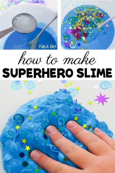 Kids who love superheros will love superhero slime!! Follow the recipe for easy DIY slime and then add fun toys and manipulatives to make it superhero themed! Wonderful science and sensory play. Superhero Arts And Crafts Preschool, Sensory Superhero Activities, Superhero Art For Preschoolers, Super Hero Science Preschool, Superhero Projects For Preschool, Imagination Week Preschool, National Superhero Day Activities, Superhero And Princess Theme Preschool, Superhero Diy Crafts