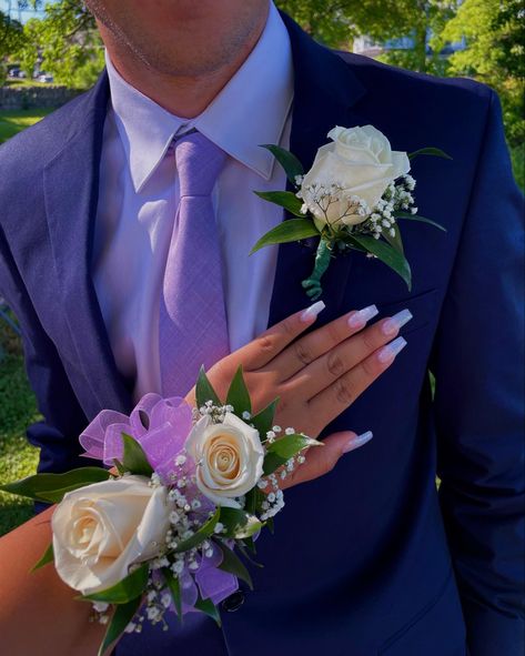 Purple Prom Couple, Prom Colors For Couples, Purple Prom Suit, Purple Corsage, Prom Aesthetic, Prom Flowers Corsage, Prom Tux, White Corsage, Prom Planning