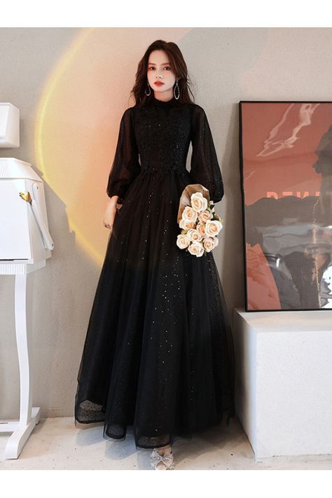 Black Long Dress With Puffy Sleeves, Classy Prom Dresses Luulla, Prom Dress Modest Long Sleeve, Black Tulle Prom Dress With Sleeves, Trendy Prom Dresses Long Sleeve, Long Sleeve Black Ball Gown, Lantern Sleeve Prom Dress, Black Modest Wedding Dress, Black Wedding Dress Modest