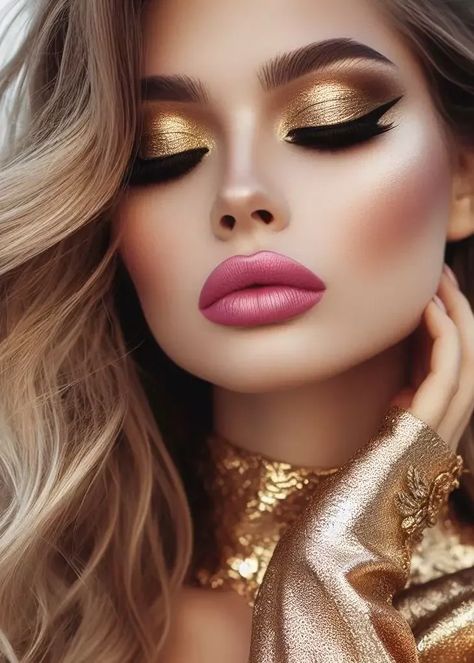 Gold Makeup Look Gone Bold: Dare to Dazzle Gold And Silver Makeup Looks, Golden Makeup Look For Brown Eyes, Black And Gold Eyeshadow Looks, Gold Soft Glam Makeup, Gold And Black Makeup Looks, Gold Brown Makeup, Gold Affirmations, Fierce Makeup Look, Gold And Brown Eye Makeup