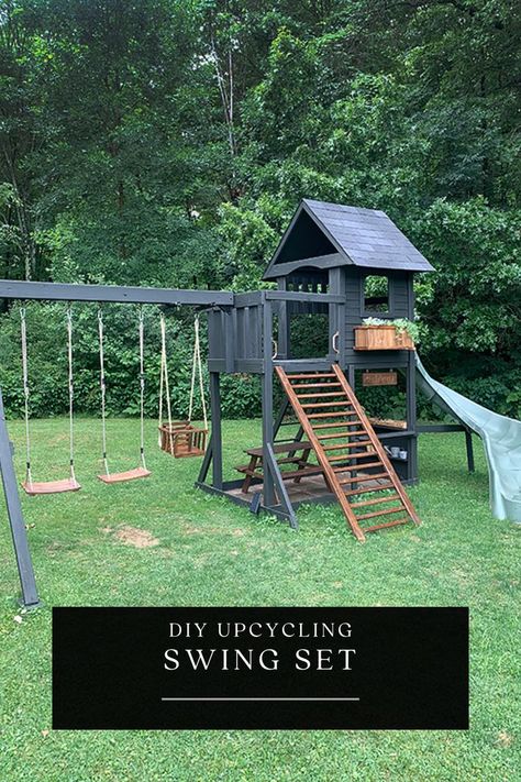 Looking for a fun DIY project that will keep your kids entertained for hours? Try upcycling an old swing set! With a little creativity and some DIY skills, you can transform your old swing set into a fun and functional play area. Get inspired by these outdoor ideas and turn your backyard into a kid's paradise. From sandboxes to climbing walls, there are endless possibilities for upcycling your swing set. Simple Backyard Playground, Swing Set Frame Repurposed, Upcycling, Diy Playhouse And Swing Set, Painted Outdoor Swingset, Add On To Swing Set, Backyard Playground Makeover, White And Black Swing Set, Homemade Play Set