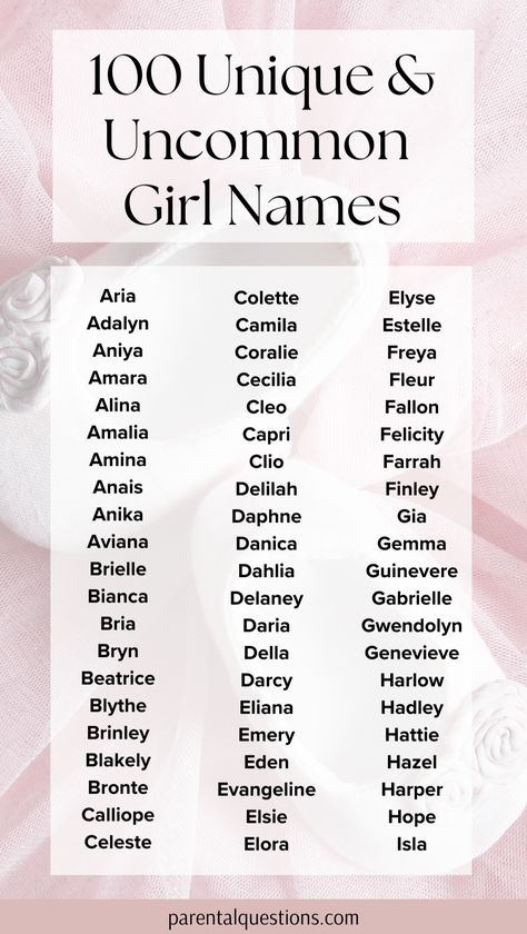 100+ uncommon baby girl name ideas with meanings. Find the perfect rare and unique girl name that are totally underused with our list of 100 gorgeous, uncommon girls names. Click through for the full list! Unique baby names for 2024, unique girl names, cute girl names, pretty girl names Name Ideas For Girls Unique, Full Name Ideas Girl, Pretty Girl Names List, Cute Girl Names List, Girl Name Ideas Unique, Very Unique Baby Names, Name Girl Ideas, Unique Girl Names List, Names For Girls Unique Meaning