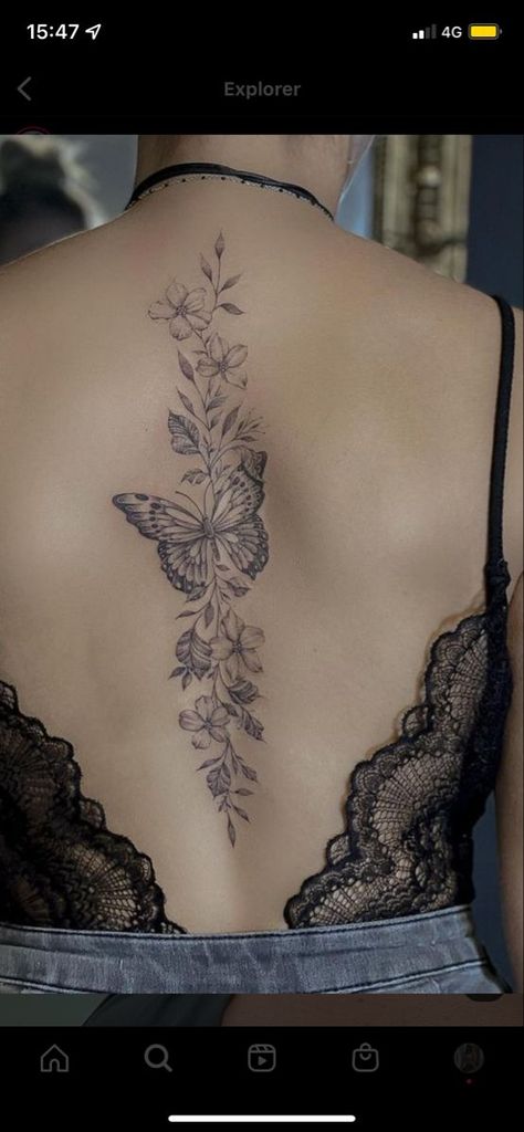 Spinal Tattoo Minimalist, Spinal Flowers Tattoo, Lilies Spine Tattoo, Dragon Spinal Tattoo Women, Butterfly Tattoo With Background, Half Back Piece Tattoos For Women, Rose And Butterfly Back Tattoo, Magical Back Tattoo, Floral Butterfly Spine Tattoo