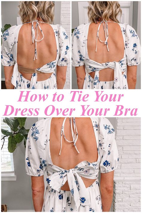 Wondering how to wear a bra under a backless dress or how to tie your backless dress over your bra? Is it possible?? YES! Click for the step by step instructions. Low Back Bra Hack Backless Dresses, Modest Backless Dress, Best Backless Bra For Wedding Dress, How To Style Backless Dress, Turning A Dress Into A Top, Tie Back Dress Bra Hack, How To Wear A Backless Dress, Bra Hack For Backless Dress, What Bra To Wear With Backless Dress