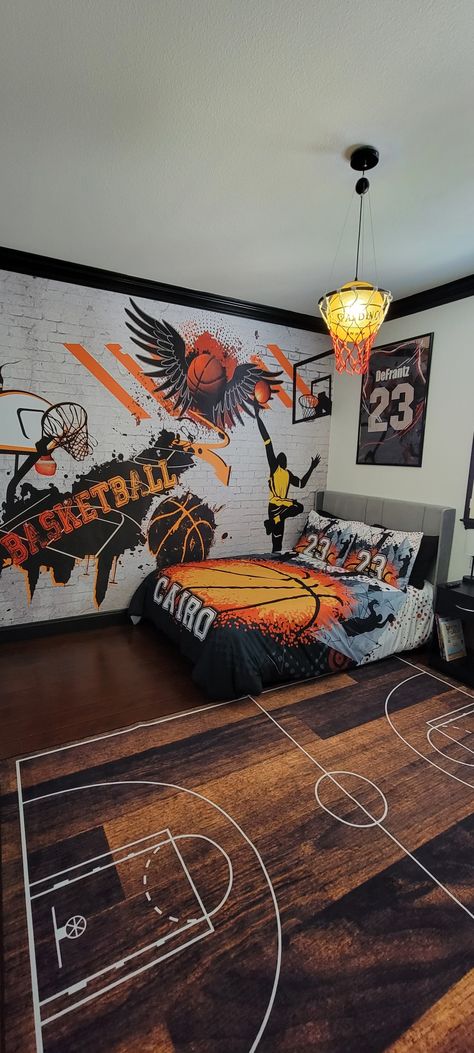 Basketball room Basketball Theme Room Bedroom Ideas, Basketball Gaming Room, Diy Basketball Room Decor, Boys Basketball Bedroom Ideas, Kids Basketball Room, Basketball Bedroom Ideas Boys, Basketball Room Ideas For Boys, Kid Boy Bedroom, Basketball Bedroom Ideas